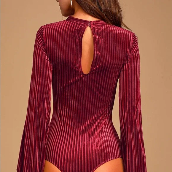 LULUS Always Alluring Burgundy Striped Velvet Cutout Bustier Bodysuit XS - Picture 2 of 12